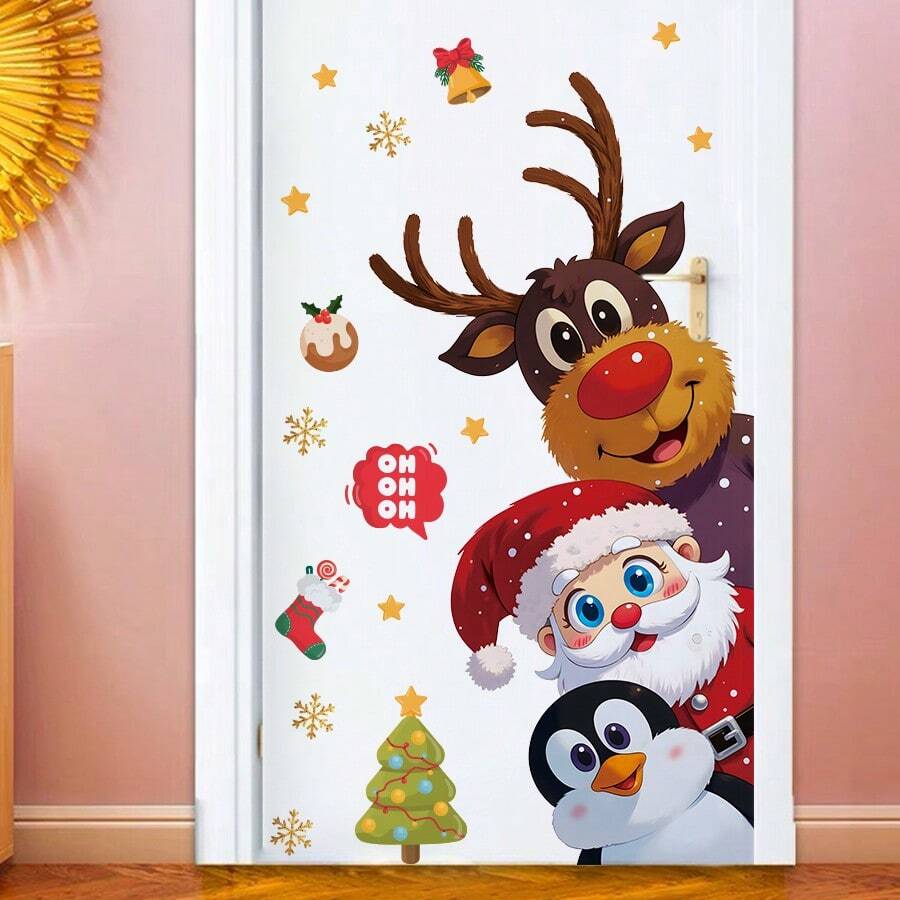 BRUP 1 件可爱圣诞墙贴 - 圣诞老人、麋鹿、企鹅堆、树雪花 - 自粘可移除 PVC 装饰 - 卧室客厅入口大厅墙壁装饰家居装饰墙贴节日家居装饰 - 彩色 - 查看 1
