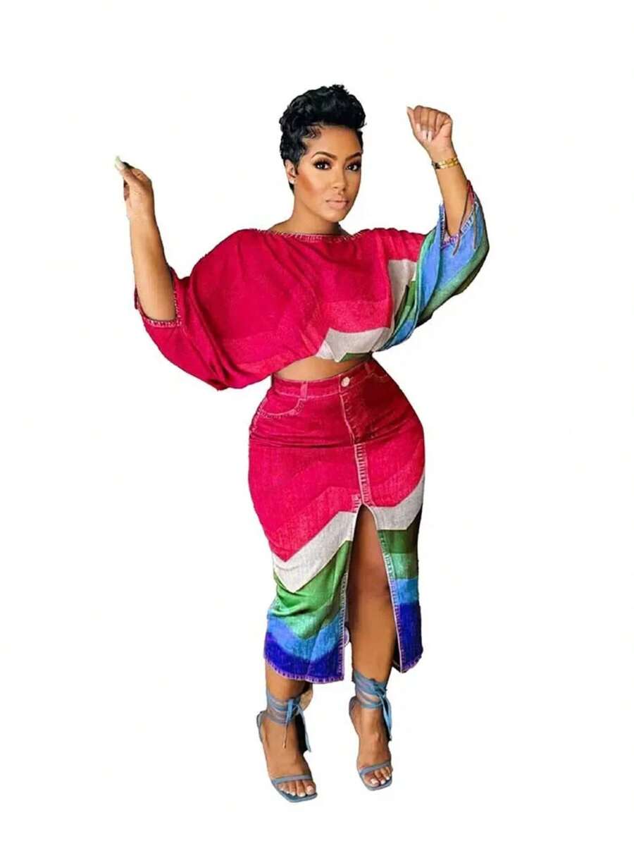 2-teiliges Outfit-Set für Frauen Streetwear Sommeroutfits mit Röcken Fake-Denim-Print Elegante schicke offene Schlitzrock lange sexy Damen