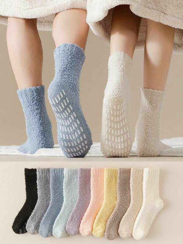 3 Pairs Random Silicone Coral Fleece Mid-Calf Socks, Thick Warm Soft Comfortable Indoor Couple Ankle Socks