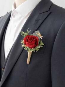1Pc Wedding Boutonniere For Groom Groomsmen,Real Touch Fake Rose Lapel Pin,Elegant Men's Corsage For Suit, Prom, Formal Events(White,Champagne,Red,Light Coral,Rosybrown) Valentine's Day Accessories - Boutonniere - View 3
