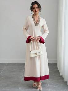 Váy dài tay cổ chữ V đính sequin thêu họa tiết khóa kéo màu tương phản thanh lịch dành cho nữ, mặc hàng ngày - Màu be - Xem 6