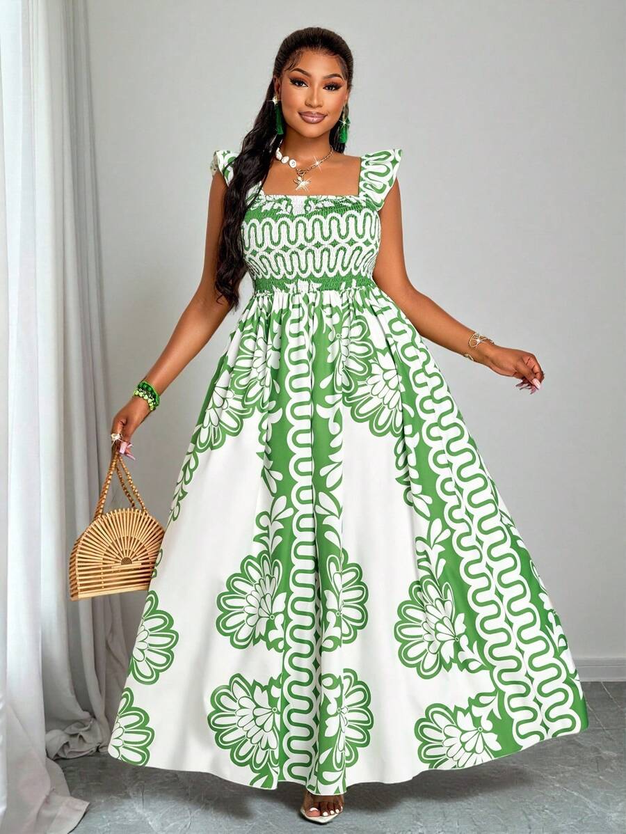 夏季大码女装日常休闲度假出游优雅性感约会无袖黑木耳边荷叶袖裹身热带印花长裙