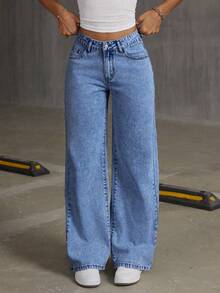 Teen Girl Oversized Butterfly Print Loose Fit Flared Denim Pants - Medium Wash - View 5