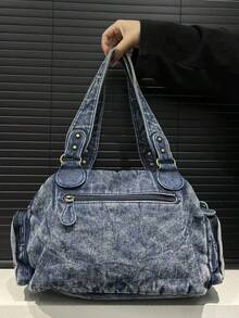 Túi xách nữ phong cách đường phố punk retro, túi đeo vai cỡ lớn kiểu biker Y2K, túi da giả cao cấp dành cho người đi làm trong thành phố, dây đeo chéo có thể tháo rời, phù hợp cho sử dụng hàng ngày và các buổi tụ họp, món quà hoàn hảo cho kỳ nghỉ. - Màu xanh lam - Xem 8