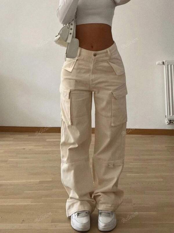 Elegant Stylish Vintage Y2K Casual Cute Cargo Pants - High-Waisted, Solid Color Elastic Waist Wide-Leg, Pocketed, Comfortable, Airport, Back To School, Teacher, Clubs, Birthday Parties, Halloween, Concerts, Gym, Business, Street Wear, Spring, Summer, Autumn And Winter Styles