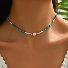 1 Piece Bohemian Style Glass Bead Necklace - Green Gold Color Accented Handmade Beaded Jewelry, Women's Daily Accessory, Versatile All Seasons - 黑與白 - 查看 4