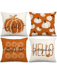 4 piezas/1 pieza Funda de almohada de decoración de otoño - Con diseño de calabaza y "Hola otoño", 18x18 pulgadas, material de poliéster suave con cierre de cremallera, perfecto para salas de estar, habitaciones, sofás y dormitorios (excluido el relleno), perfecto para decoraciones de otoño para el hogar, decoración de habitaciones, decoración del hogar