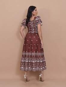Helena Crepe Printed Midi Dress With Short Sleeves - Mocha Brown - View 2
