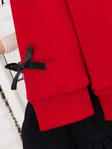 Young Girl's Sweet Casual Red Crew Neck Sweatshirt With 3D Bow Sleeve And Pleated Skirt 2 Pieces Set, Suitable For Daily, Outdoor, School, Vacation, Commute In Spring And Autumn