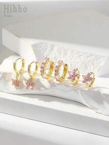 Hihho Bộ 6 bông tai mặt dây chuyền đính đá Cubic Zirconia màu hồng lấp lánh tối giản thanh lịch, quà tặng trang sức cao cấp - Hồng - Xem 4