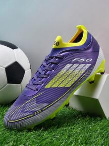 MINGBIN 1 Par de Chuteiras de Futebol Unissex, Chuteiras de Treinamento e Jogo em Grama Natural ao Ar Livre de Cano Baixo, Chuteiras de Futebol Americano para Jovens, Calçados Esportivos Profissionais, Chuteiras Curtas com Cadarço Frontal em PU e Travas TF - Roxo - Visão 2