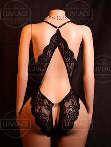 Floral Lace Criss Cross Crotchless Bodysuit Lingerie For Going Out - 黑色 - 查看 7
