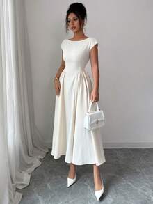 فستان ماكسي أنيق بخصر مشدود على الطراز الفرنسي من Floreya بظهر مفتوح، للمواعيد اليومية - لون مشمشي - مشاهدة 10