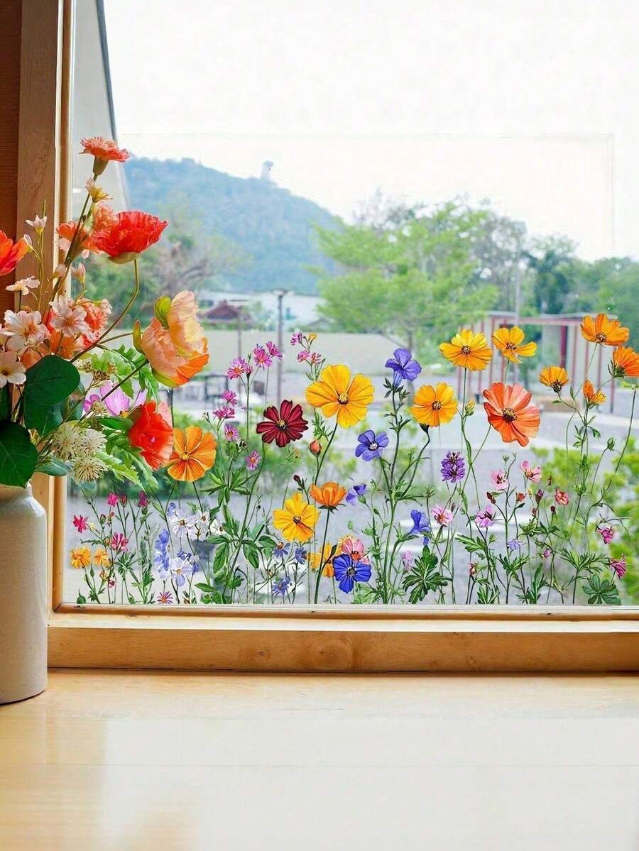 1 件鲜艳的花卉和蝴蝶静电窗贴 - 传统风格的彩色塑料贴花，易于粘贴在光滑表面上，非常适合卧室、客厅、冰箱、橱柜装饰、艺术装饰、房间氛围增强 | 生动的装饰 | 易于粘贴的贴纸，为您的家带来节日气氛，生日、毕业典礼的节日装饰贴纸礼物 - 彩色 - 查看 1