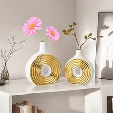 1PC Ceramic Circle Vase, Electroplated Black Gold Vase Creative Home Decoration Ornament, Suitable For Luxury Living Room, Dining Table, Office Desktop Flower Arrangement Vase, Centerpieces, Wedding Decoration Art Platinum Flower Vase Room Decor Glass Vase