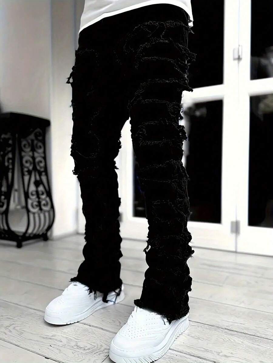 Men's Stretch Jeans - Slim-Fit Mid-Rise Pants With Frayed Hem, All-Season Stretch (64% Cotton Blend) Everyday & Formal Outfits - Washable Leg Jeans, Streetwear Essentials, Pants, Durable Fabric Pants, Outdoor Attire, Tapered Cuff, Highquality Stitching, Young Adults