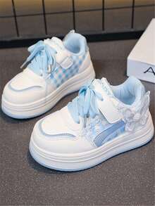 1 Pair Girls' Fashion Soft Bottom Bow Pendant PU Outdoor Non- Wear-Resistant Academy Style Cute Flat Sports Shoes, Suitable For All Seasons - 藍色 - 查看 3