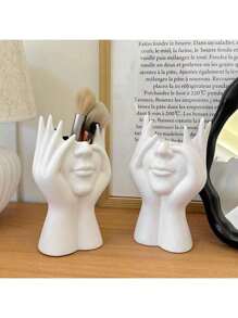 1pc "Artistic Face Vase" White Sculpture Style Decor | Ins Desk Organizer (Makeup Brush Holder/Pen Holder) | Cosmetic Storage Box | Succulent Planter | Home Decor/Gift | Waterproof & Easy To Clean