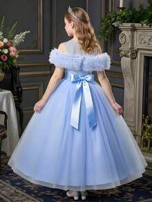 Blue Elegant Sequin Tween Girls' Evening Gown, Off Shoulder Shawl Long Princess Dress For Girls, Children Special Occasion Pale Blue Dress, Little Girl Flower Girl Wedding Birthday Party Formal Recital Piano Recital Sweet Formal Dress, Children Tulle Ruffle Sleeveless Dress