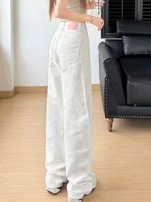 女士休闲高腰直筒阔腿牛仔裤，百搭复古 - 白色 - 查看 2