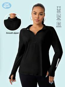 Sudadera con media cremallera para mujer talla grande, casual, de moda, para calle, running y entrenamiento al aire libre - Negro - Ver 2