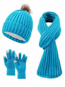 Set de 3 piezas de mujer con gorro de punto de rayas verticales de unicolor, bufanda y guantes, cálido y acogedor para uso casual al aire libre en otoño/invierno, accesorios de invierno, atuendos de invierno