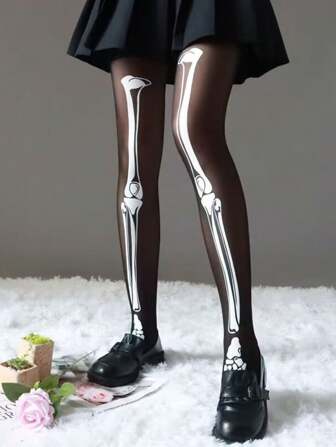 1 Pair Punk Gothic Rock Skeleton Star Clubbing Sexy Letter Print Black Tights