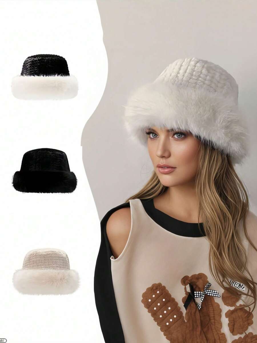 1 pieza Sombrero blanco esponjoso para mujer, sombrero de cubo grueso y cálido, gran circunferencia de cabeza, sombrero de invierno a prueba de viento para otoño