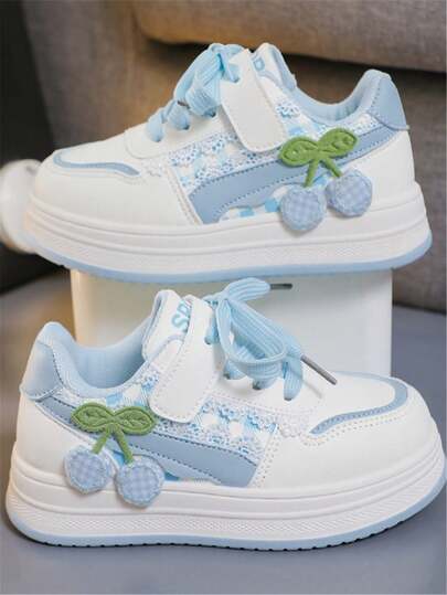 1 Pair Girls' Fashion Soft Bottom Bow Pendant PU Outdoor Non-Slip Wear-Resistant Academy Style Cute Flat Sports Shoes, Suitable For All Seasons