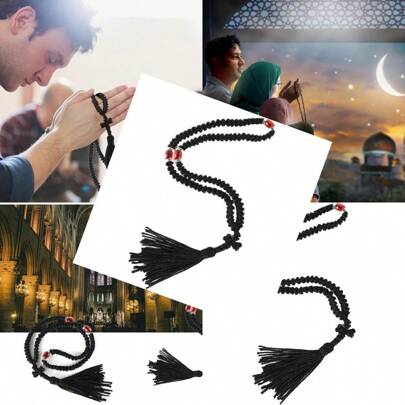 Handmade Orthodox Prayer Rope Wooden Cross Silk Satin Cord For Jesus Prayer Monastic Black And Blue Ideal Baptism Easter And Spiritual Growth