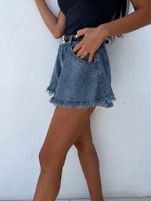 Shorts vaqueros de tiro alto, sueltos y acampanados con bolsillos para mujer - Azul - Ver 3