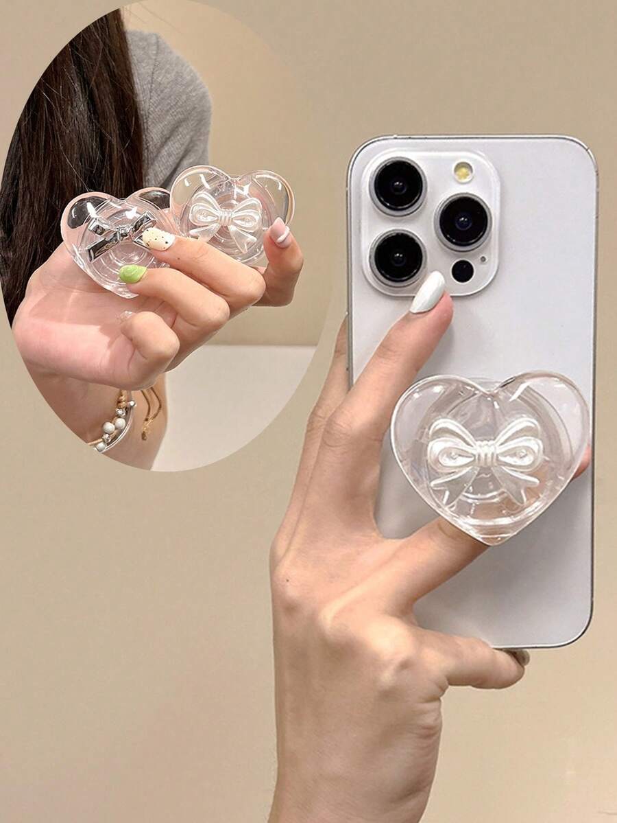 1 件简约透明蝴蝶结和心形设计手机支架，独特清新，兼容 、Android 手机，生日、家人、朋友礼物，推拉式手机握把手机配件 - 彩色 - 查看 1