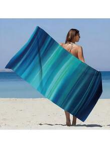 1pc Extra Large & Super Soft Quick Dry Beach Towel, With Vibrant Abstract Wave Print - Blue Green, Blue And Green Stripes, Perfect For Relaxing And Beach, Pool Side