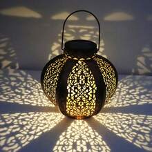 1pc Vintage Metal Hollow Floral Pattern Lantern With Top Handle, Emitting Warm Glow, Suitable For Christmas, Halloween, Wedding Celebration, Outdoor Garden Decor - Multicolor - View 7