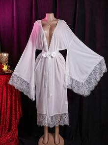 Sheer, High Elasticity, Skin-Friendly, Soft, White, Deep V-Neck, Low-Cut, Lace, Sexy, Home, Long Sleeve, Flared Sleeve, Fitted, Loose, A-Line, Long Robe, Bath Robe, Sleepwear