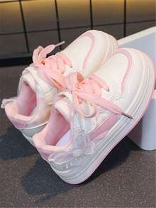 1 Pair Girls' Fashion Soft Bottom Bow Pendant PU Outdoor Non- Wear-Resistant Academy Style Cute Flat Sports Shoes, Suitable For All Seasons - Hồng - Xem 2