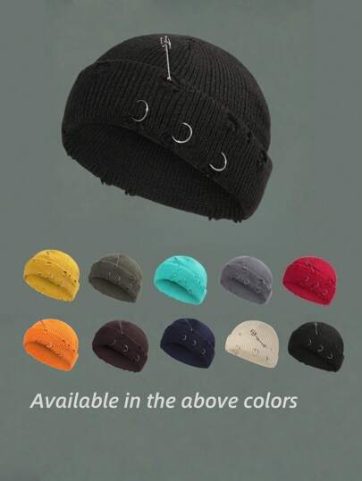 1pc Men's Street Style Acrylic Warm Solid Color Iron Ring Distressed Beanie Hat, Versatile Outdoor Hip Hop Hat, Autumn/Winter Fall Outfit