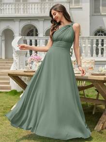 Volly Toych 桉树色A字单肩镂空褶皱雪纺优雅长款正式伴娘礼服，婚礼宾客礼服 - 青碧色 - 查看 6