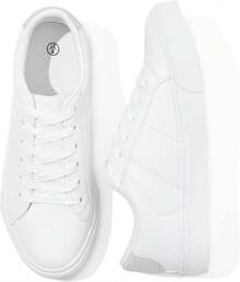 White PU Leather Low Top Sneakers For Women - Casual Lace Up Shoes - 白色 - 查看 3