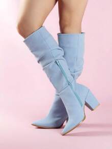 Nuevas botas altas de montar de tacón grueso con punta puntiaguda y cremallera lateral, versátiles para mujer, de moda europea y americana, para otoño/invierno colores únicos  Cowboy    Cremallera lateral    comodas  primavera,verano,otoño - Neblina azul - Ver 5