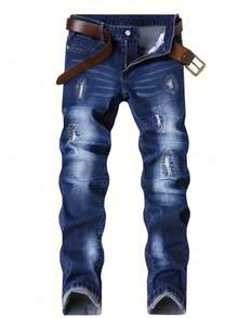 Ciemnoniebieskie, haftowane, zniszczone jeansy dla nastolatków z prostymi nogawkami