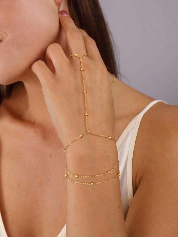 1pc Metallic Bead Chain Linked Finger Ring Bracelet, Fashionable Y-Shape Geometric Round Bead Bracelet, Luxury Aesthetic