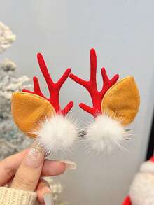 2pcs Reindeer Antler Hair Clips With Pom-Pons And Ears, Christmas Women's Hair Accessories For The Festival, Santa Claus, Bells, Pom-Pons Decorated Hair Clips, Very Suitable For Seasonal Celebrations And Decorations, Festival Party Prop Accessories, Hair Clips, Plastic Material, Christmas Small Gifts