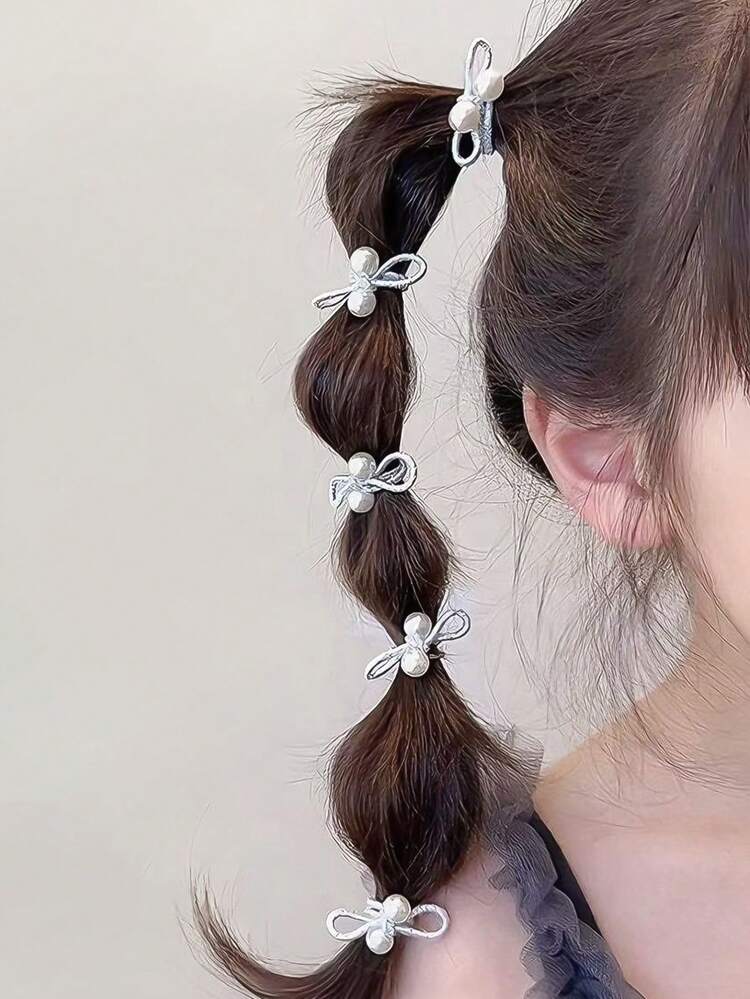 10pcs Sweet & Cool Silver Bowknot Elastic Hair Ties, Pearl Thumb Hair Rings, Cute Korean Style Hair Scrunchies, Non-Damaging Ponytail Holders, Fashion Hair Accessories For Girls, Daily & Party - Silver - View 2