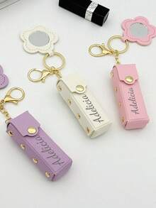 Customized Text Portable Lipstick Case With Heart Shaped Mirror, Cute Minimalist Keychain