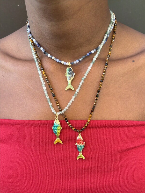 Fashionable Colorful Stainless Steel Drip Oil Small Fish Pendant Necklace, Natural Tiger Eye & Beryl Gemstone Necklace, Luxury Item
