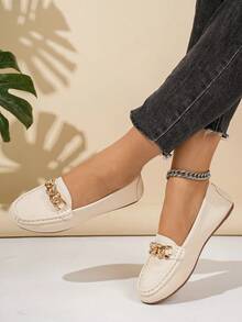 2025 Spring New Women's Fashion Gold Chain Elegant Slip-On Loafers, Lightweight & Comfortable, Versatile Rubber Flat Shoes - Beige - View 6