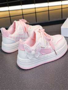 1 Pair Girls' Fashion Soft Bottom Bow Pendant PU Outdoor Non- Wear-Resistant Academy Style Cute Flat Sports Shoes, Suitable For All Seasons - Hồng - Xem 7