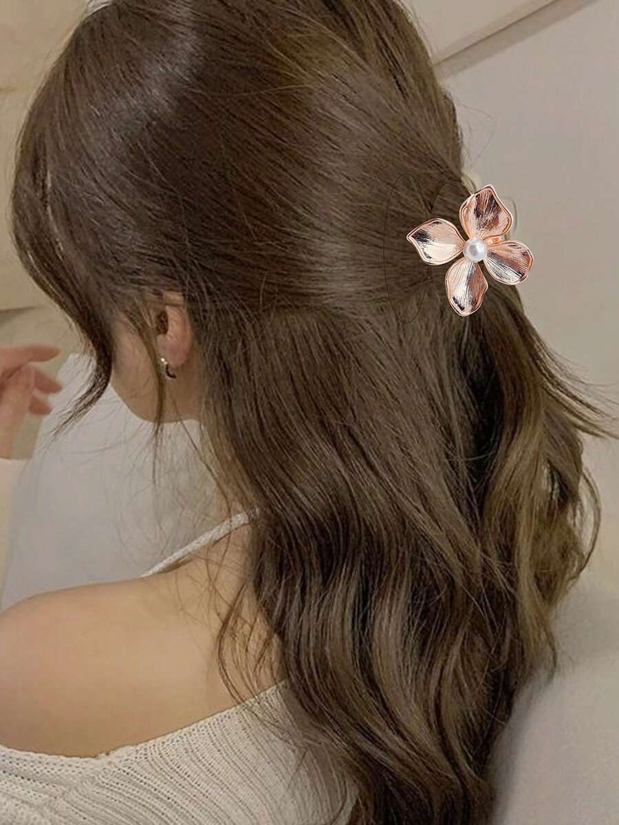 1pc Women's Zinc Alloy Gold Flower & Faux Pearl Tie-Dye Hair Claw Clip, Suitable For Beach Vacation, Daily Use, Great Gift For Women's Day Hair Accessories Women Hair Clips Ladies Hair Clamps Elegant Hair Jaw Clip Flower Clips For Hair Autumn Accessories Fashion Hair Claws Fall Fashion Hair Clutch Winter Summer - Rose Gold - View 1