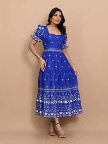 Helena Crepe Printed Midi Dress With Short Sleeves - Royal Blue - View 1